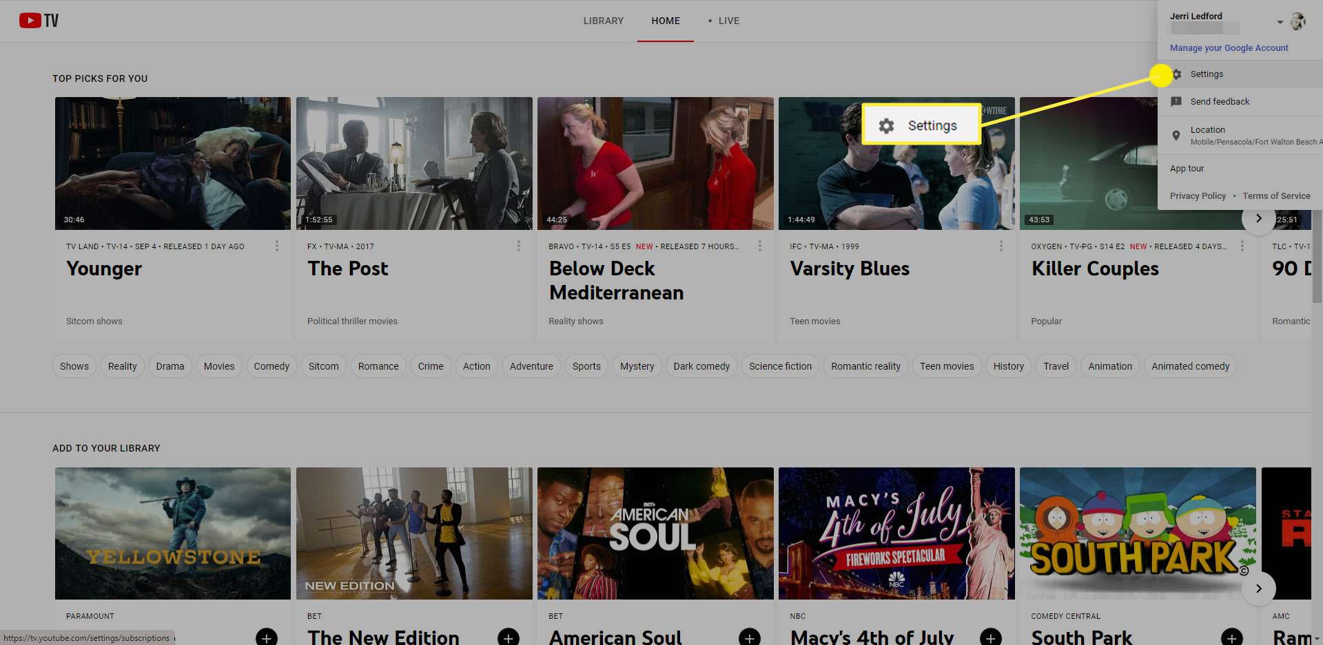 update youtube tv home area