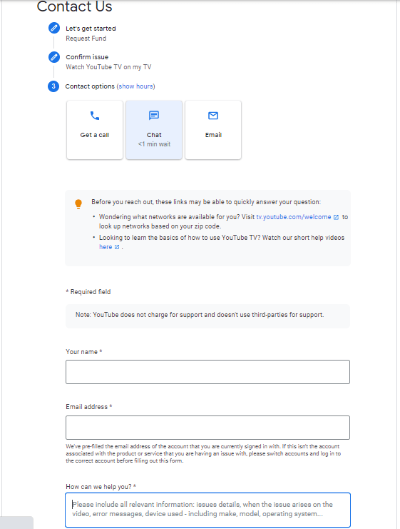 youtube tv customer support