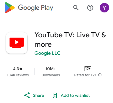 Youtube tv in Play store